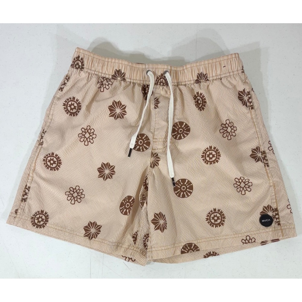 RVCA Swim Trunks Small Tan Brown Striped Mandala Floral Graphic Seersucker
